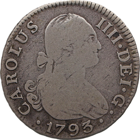 1793 SCN 2 Reales Spain Coin Charles IV Silver Seville Mint