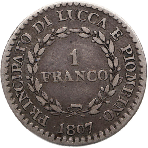 1807 1 Franco Lucca Italy Coin Silver Felice Baciocchi Florence Mint