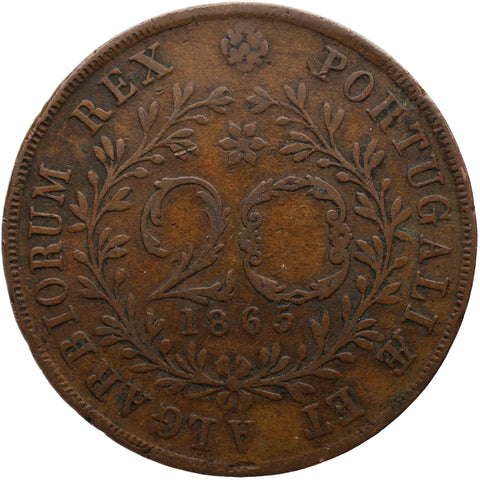 1865 20 Reis Azores Portugal Coin Luiz I