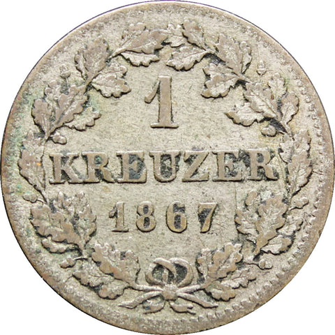 1867 German states Bavaria One Kreuzer Ludwig II Coin