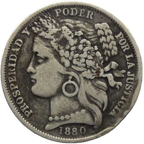 1880 One Peseta Peru Silver Coin with dot after B