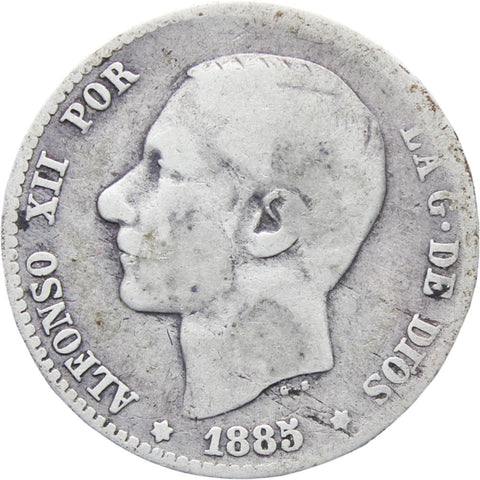 1885 Spain Alfonso XII Silver One Peseta Coin