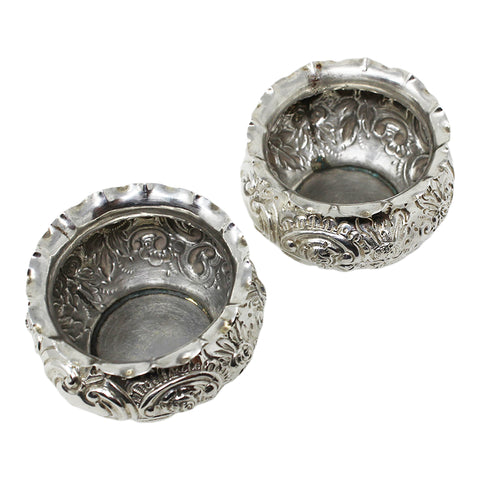 1893 Antique Victorian Era Pair Sterling Silver Salt Cellars Silversmiths Charles Edwards London Hallmarks