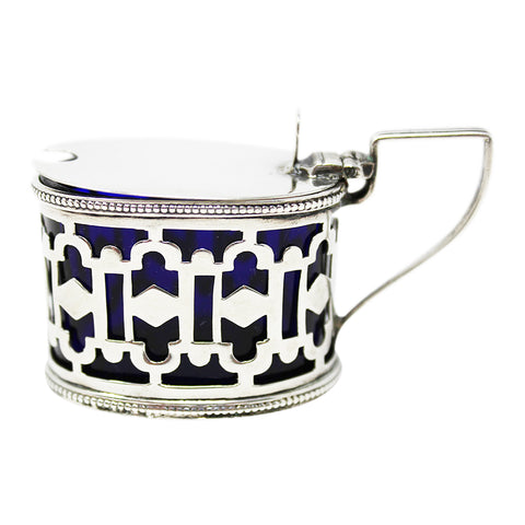 1898 Antique Victorian Era Sterling Silver Pierced Mustard Pot with Blue Glass Liner Silversmiths John Millward Banks Birmingham Hallmarks