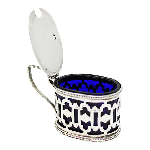 1898 Antique Victorian Era Sterling Silver Pierced Mustard Pot with Blue Glass Liner Silversmiths John Millward Banks Birmingham Hallmarks