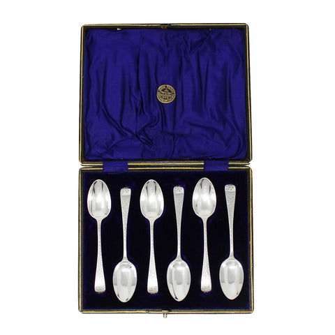 1900 Antique Victorian Era Sterling Silver Set Six Teaspoons Ornately Engraved with Original Box Sheffield Hallmarks John Round & Sons Ltd. Maker