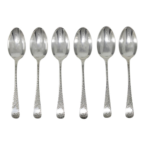 1900 Antique Victorian Era Sterling Silver Set Six Teaspoons Ornately Engraved with Original Box Sheffield Hallmarks John Round & Sons Ltd. Maker