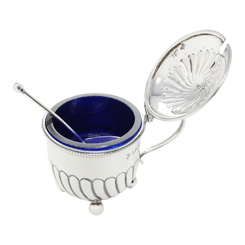 1902 Antique Edwardian Era Sterling Silver Mustard Pot with Blue Liner and Spoon Silversmith Horace Woodward & Co Ltd London Hallmarks