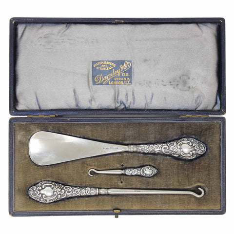 1903 Antique Edwardian Era Sterling Silver Handles Shoe horn and 2 Button hooks with original Case Silversmith W J Myatt & Co Birmingham Hallmarks