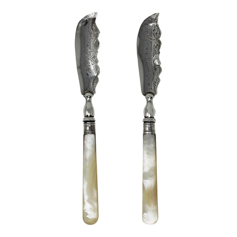 1907 Antique Edwardian Era Pair Solid Silver Butter Knives with original Case Silversmith Hilliard & Thomason Birmingham Hallmarks