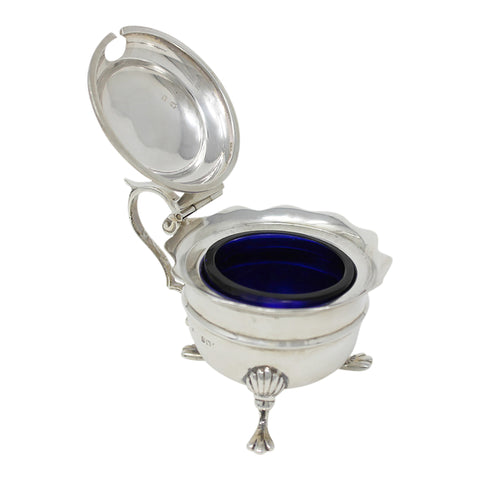 1908 Antique Edwardian Era Sterling Silver Mustard Pot with Blue Glass Liner Silversmiths E S Barnsley & Co (Edward Souter Barnsley) Birmingham Hallmarks