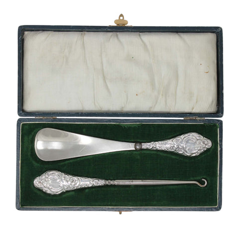 1911 Antique George V Era Sterling Silver Handles Shoe horn and Button hook with original Case Silversmith J & R Griffin (Joseph & Richard Griffin) Chester Hallmarks