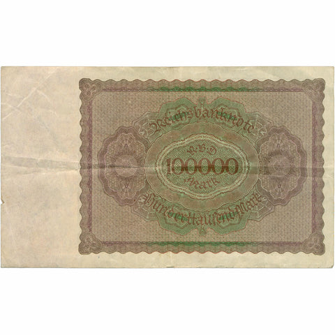 1923 Germany 100,000 Mark Banknote