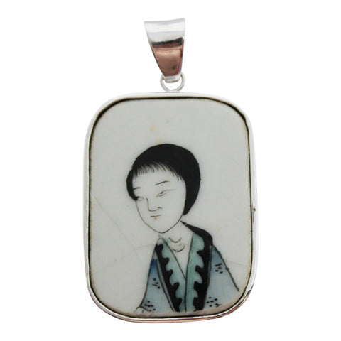 1928’s Japan Solid Silver 925 Geisha Girl Portrait Porcelain Pendant Hand Painted