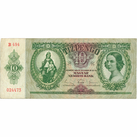 1936 Hungary 10 Pengő Banknote