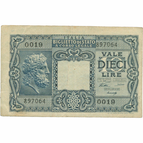 1944 Italy 10 Lire Banknote