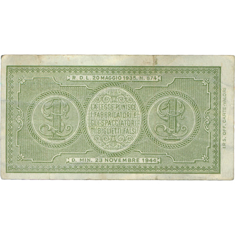 1944 Italy 1 Lira Banknote