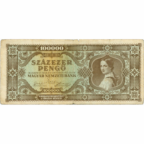 1945 Hungary 100000 Pengő Banknote