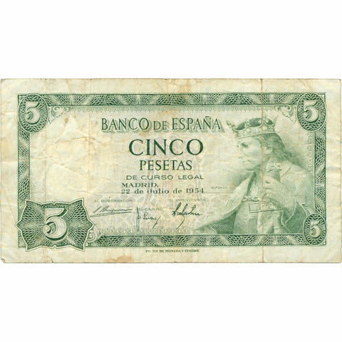 1954 Spain 5 Pesetas Banknote