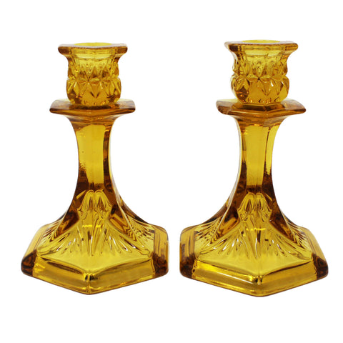 1960’s Vintage Yellow Glass Set 2 Candlesticks Art Deco Style vintage glass, vintage glassware