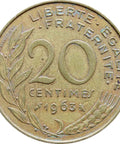 1963 France 20 Centimes Coin Marianne Owl Mark