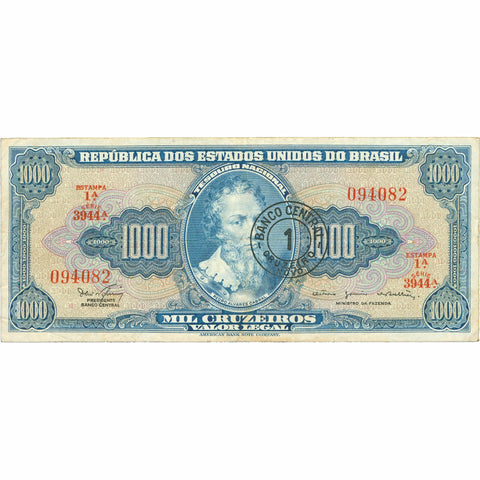 1966 Brazil 1000 Cruzeiros Banknote Overprinted