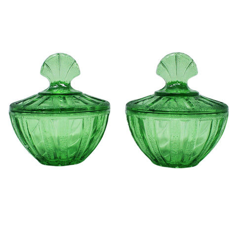 1970’s Vintage Green Glass Set 2 Bowls with Lid Shell Top Art Deco Style glass dish, vintage glass, vintage glassware