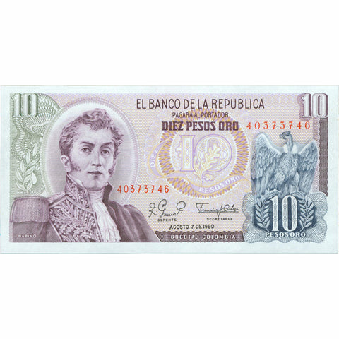 1980 Colombia 10 Pesos Oro Banknote