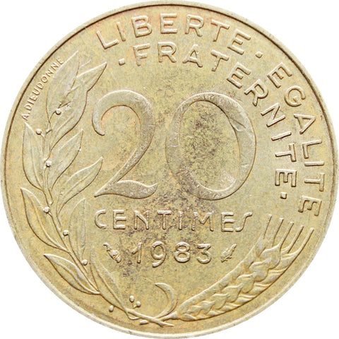 1983 20 Centimes France Coin Marianne Dolphin Mark