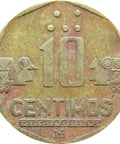 1991 10 Céntimos Peru Coin with braille, with Chavez