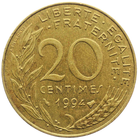 1994 20 Centimes France Coin Marianne Bee Mark