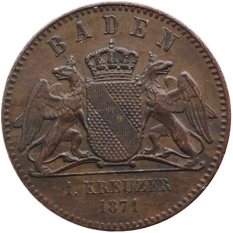 1871 1 Kreuzer Grand Duchy of Baden Coin Germany Frederick I Victory over France