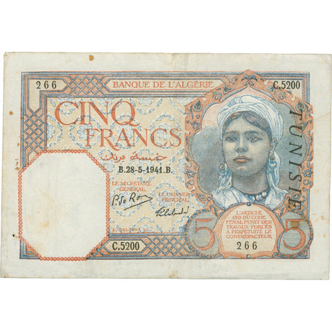 1941 Algeria 5 Francs Banknote