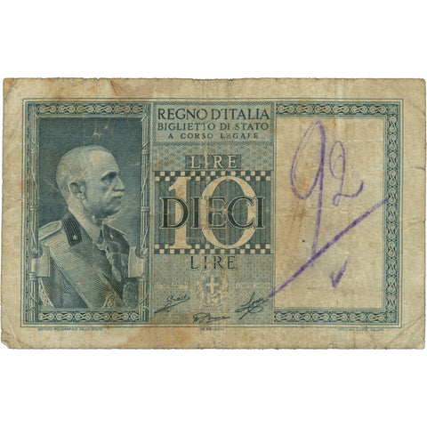 1939 Italy 10 Lire Banknote