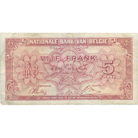 1943 Belgium 5 Francs Banknote