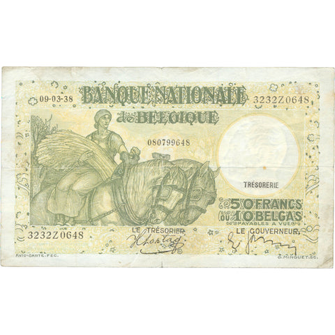 1938 Belgium 50 Francs Banknote