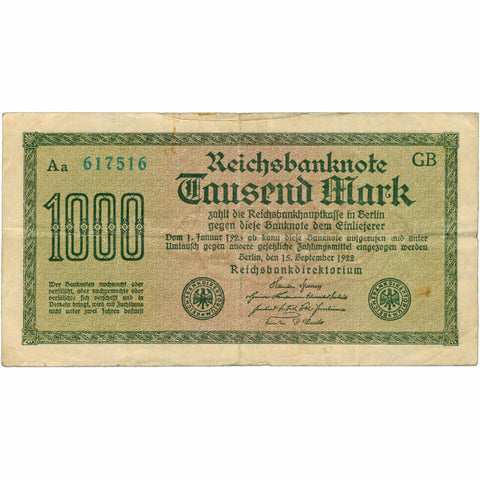 1922 1000 Mark Banknote Germany Weimar Republic