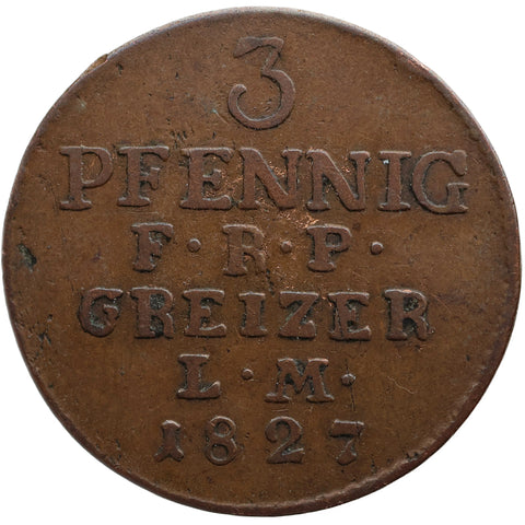 1827 3 Pfennigs Reuss-Greiz Germany Coin Henry XIX