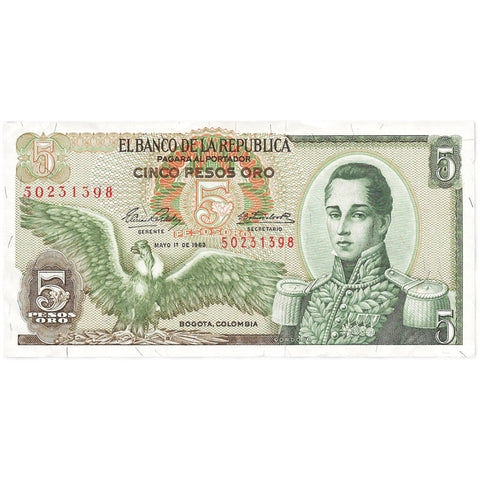 1963 Colombia 5 Pesos Oro Banknote