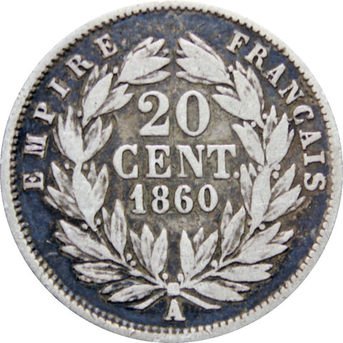 France 1860 20 Centimes Napoleon III Coin Silver