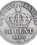 France 1866 50 Centimes Napoleon III Coin Silver