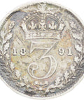 Great Britain Queen Victoria 1891 3 Pence Silver Coin (2nd portrait)