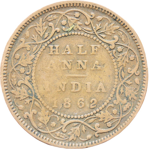 India British Queen Victoria 1862 Half Anna Copper Coin