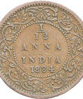 India – British Queen Victoria 1884 1/12 Anna Copper Coin