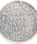 India – British Queen Victoria 1894 2 Annas Silver Coin