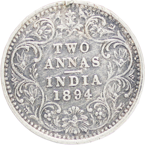 India – British Queen Victoria 1894 2 Annas Silver Coin