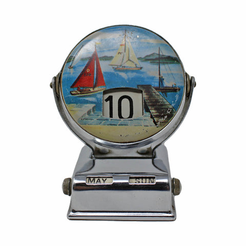 Vintage Calendar Perpetual Tinplate and Chrome Yacht Boats Design Marine Rotating Head