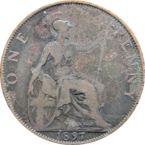 1897 One Penny Queen Victoria Great Britain Bronze Coin