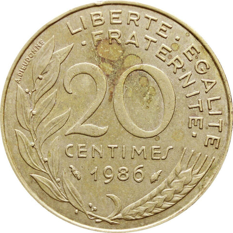 1986 20 Centimes France Coin Marianne Dolphin Mark