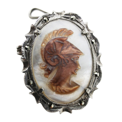 1920’s Vintage Silver Mother of Pearl Spartan / Trojan Head Brooch Pendant